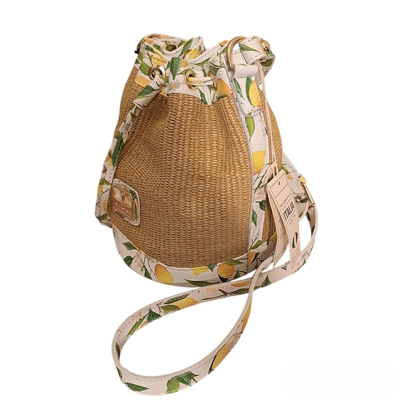 Valentina Leather & Raffia Lemon Design Crossbody Bucket Bag - Picture 2 of 8